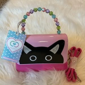 Little girls pink kitten hard sided purse beaded handle & strap. Great gift!